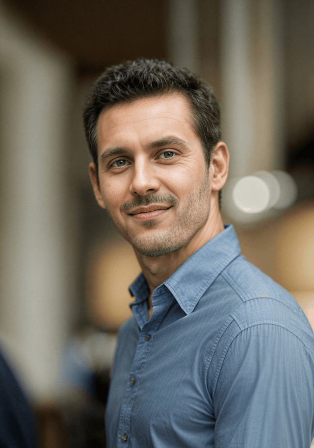 A man with short, dark hair and a slight beard is smiling at the camera. He is wearing a light blue button-up shirt and is positioned slightly to the side, with a blurred background that suggests an indoor setting. The lighting is soft and warm, enhancing his features and creating a friendly vibe.