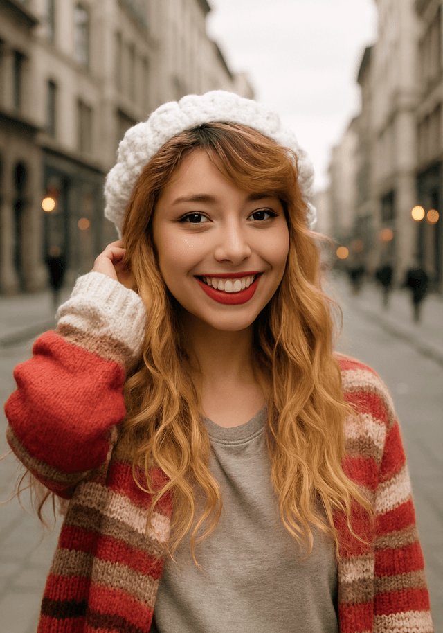 A young woman with long, wavy blonde hair and a bright smile is standing on a city street. She is wearing a cozy white knitted hat and a colorful striped cardigan over a gray shirt. The background features a blurred cityscape with soft lighting, suggesting a cool day. Her expression is cheerful and inviting, and she is playfully touching her hair with one hand.