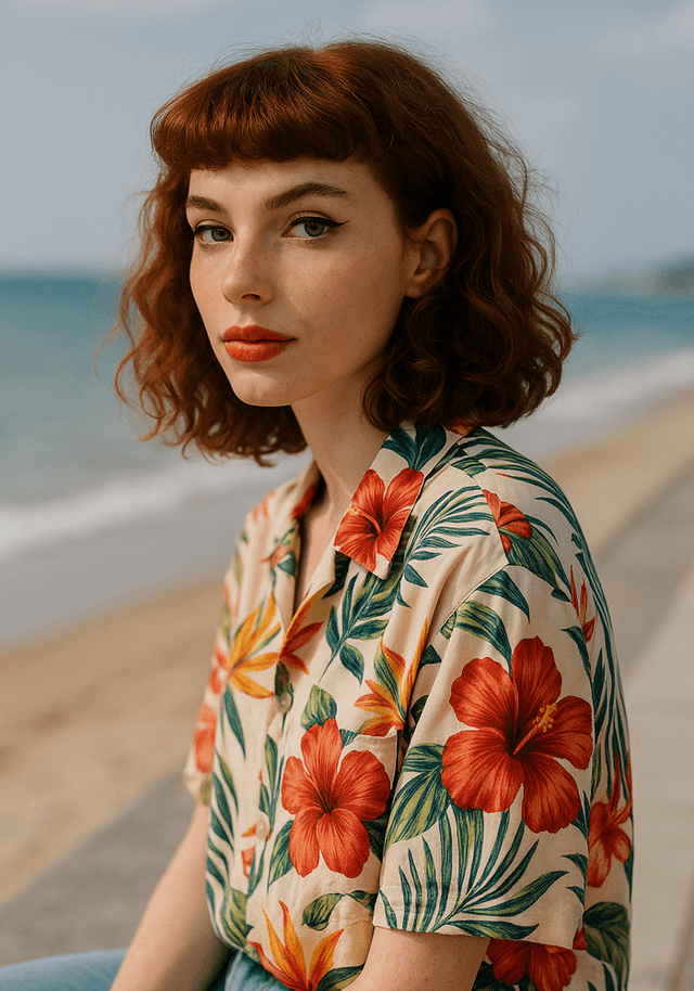 A young woman with curly red hair and a floral shirt sits on a beachside path. She has a neutral expression, with bold eyeliner and red lipstick. The background features a blurred beach and ocean.