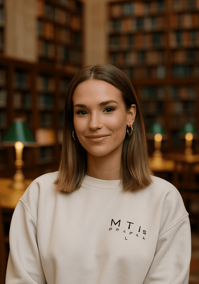 A young woman with shoulder-length hair, wearing a light beige sweatshirt with a logo on it. She has hoop earrings and is smiling softly. The background features a library with wooden bookshelves and green lamps, creating a warm and intellectual atmosphere.